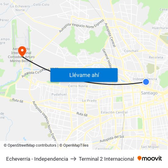 Echeverría - Independencia to Terminal 2 Internacional map