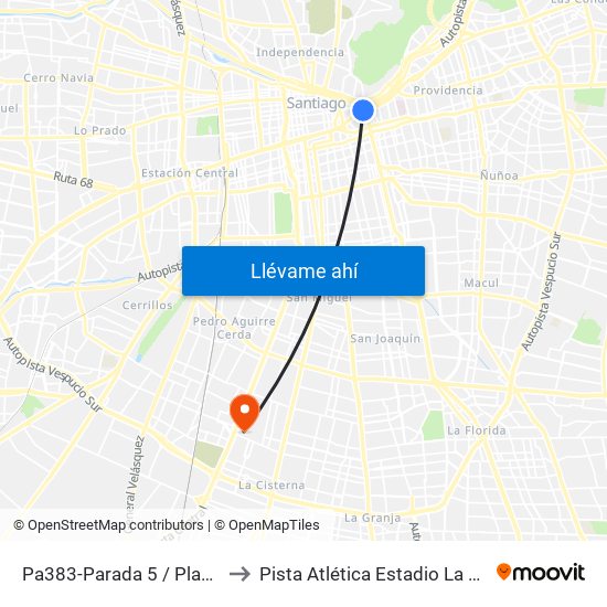 Pa383-Parada 5 / Plaza Italia to Pista Atlética Estadio La Cisterna map