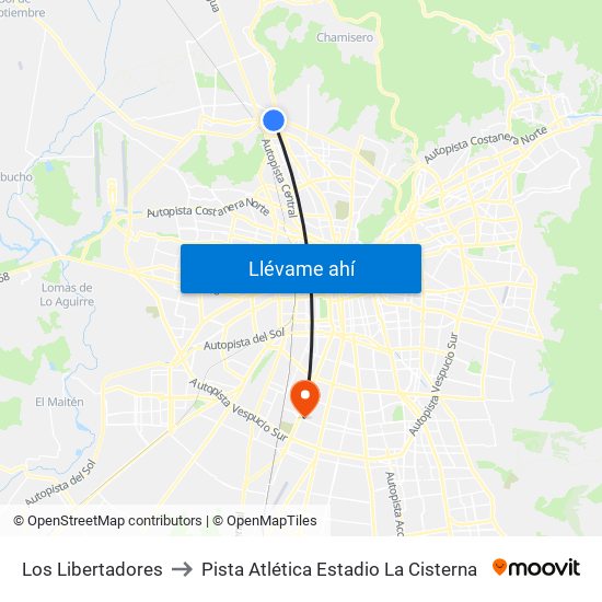 Los Libertadores to Pista Atlética Estadio La Cisterna map