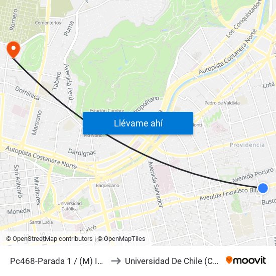 Pc468-Parada 1 / (M) Inés De Suarez to Universidad De Chile (Campus Norte) map
