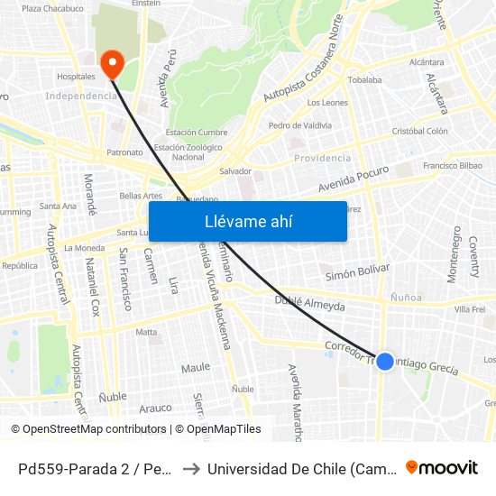 Pd559-Parada 2 / Pedagógico to Universidad De Chile (Campus Norte) map