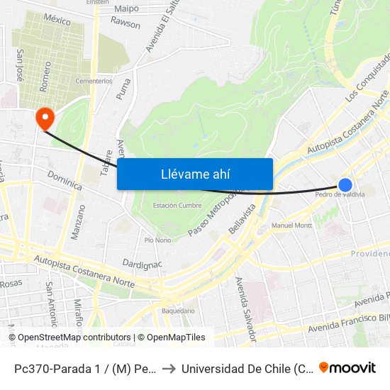 Pc370-Parada 1 / (M) Pedro De Valdivia to Universidad De Chile (Campus Norte) map