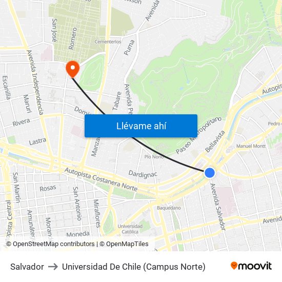 Salvador to Universidad De Chile (Campus Norte) map