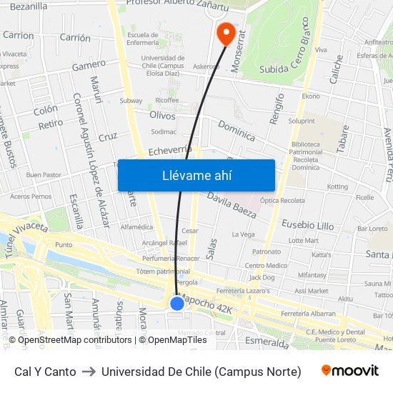 Cal Y Canto to Universidad De Chile (Campus Norte) map