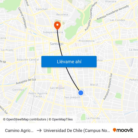 Camino Agrícola to Universidad De Chile (Campus Norte) map