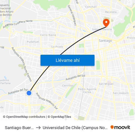 Santiago Bueras to Universidad De Chile (Campus Norte) map