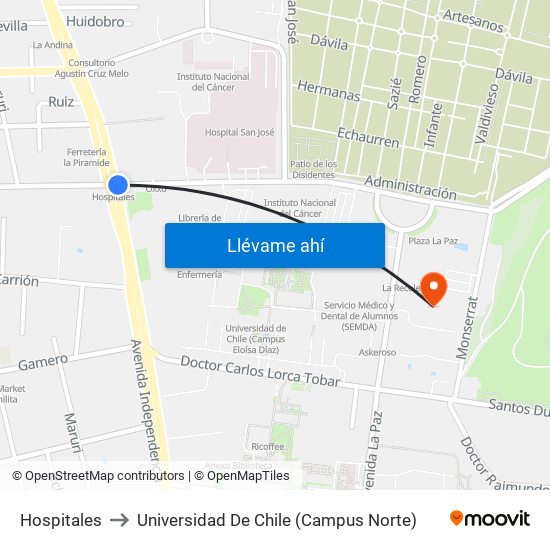 Hospitales to Universidad De Chile (Campus Norte) map