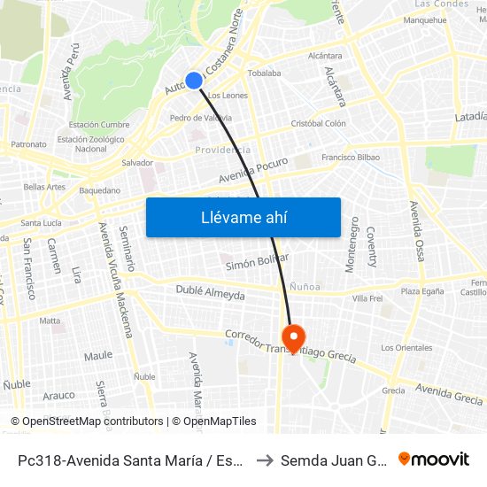 Pc318-Avenida Santa María / Esq. Av. Pedro De Valdivia to Semda Juan Gómez Millas map