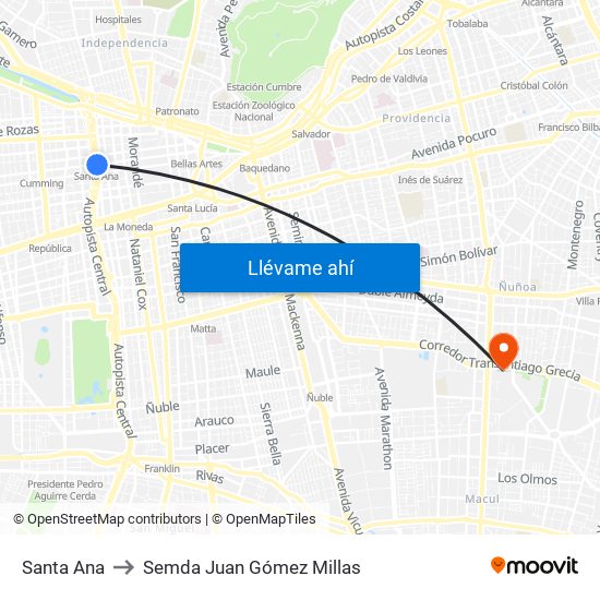 Santa Ana to Semda Juan Gómez Millas map