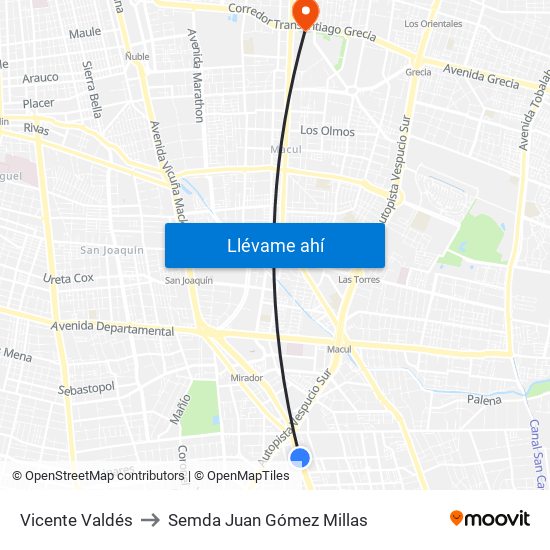 Vicente Valdés to Semda Juan Gómez Millas map