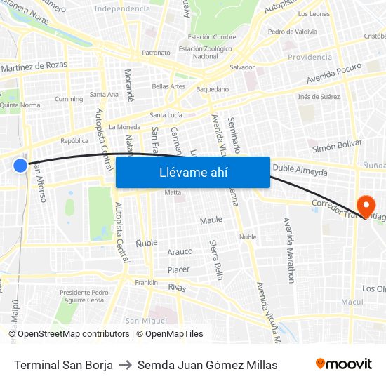 Terminal San Borja to Semda Juan Gómez Millas map