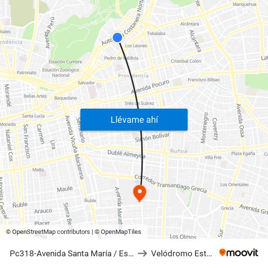 Pc318-Avenida Santa María / Esq. Av. Pedro De Valdivia to Velódromo Estadio Nacional map