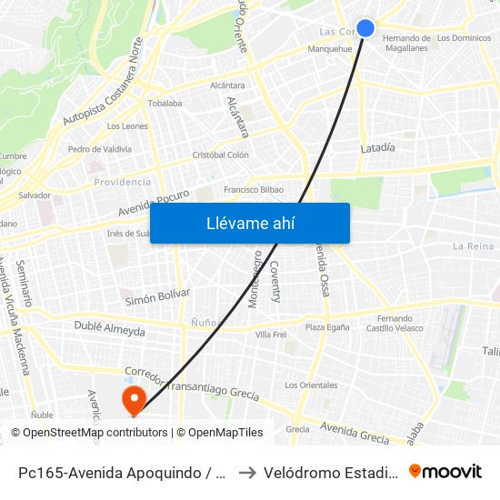 Pc165-Avenida Apoquindo / Esq. E. Dell'Orto to Velódromo Estadio Nacional map