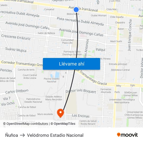 Ñuñoa to Velódromo Estadio Nacional map
