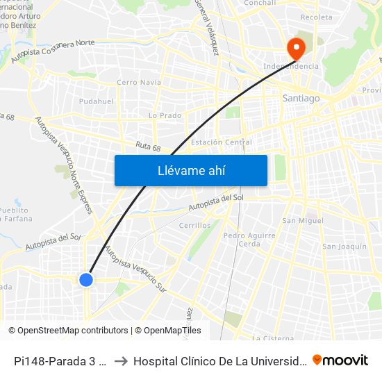 Pi148-Parada 3 / (M) Plaza De Maipú to Hospital Clínico De La Universidad De Chile Dr. Jose Joaquín Aguirre map
