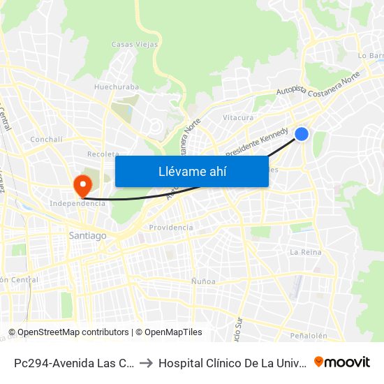 Pc294-Avenida Las Condes / Esq. Av. Padre H. Central to Hospital Clínico De La Universidad De Chile Dr. Jose Joaquín Aguirre map