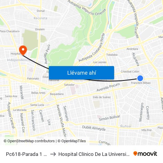 Pc618-Parada 1 / (M) Francisco Bilbao to Hospital Clínico De La Universidad De Chile Dr. Jose Joaquín Aguirre map