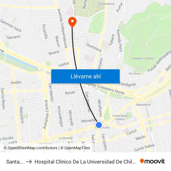 Santa Lucía to Hospital Clínico De La Universidad De Chile Dr. Jose Joaquín Aguirre map