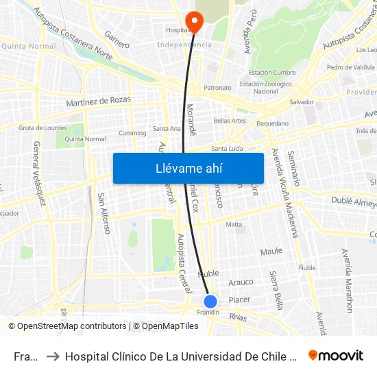 Franklin to Hospital Clínico De La Universidad De Chile Dr. Jose Joaquín Aguirre map