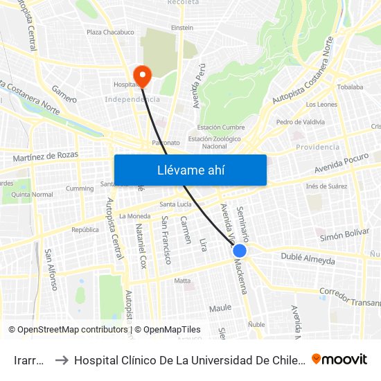 Irarrázaval to Hospital Clínico De La Universidad De Chile Dr. Jose Joaquín Aguirre map