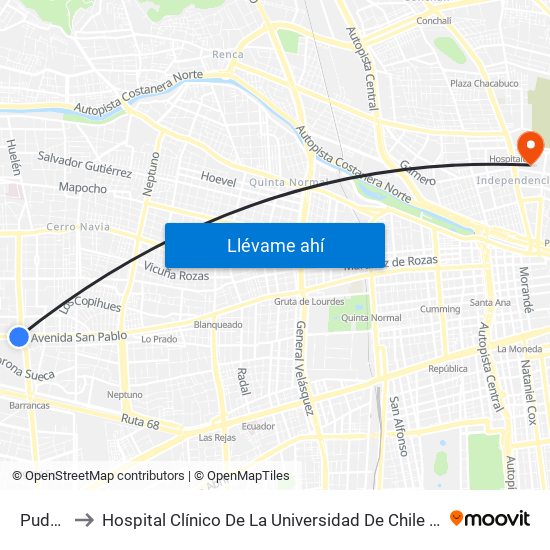 Pudahuel to Hospital Clínico De La Universidad De Chile Dr. Jose Joaquín Aguirre map