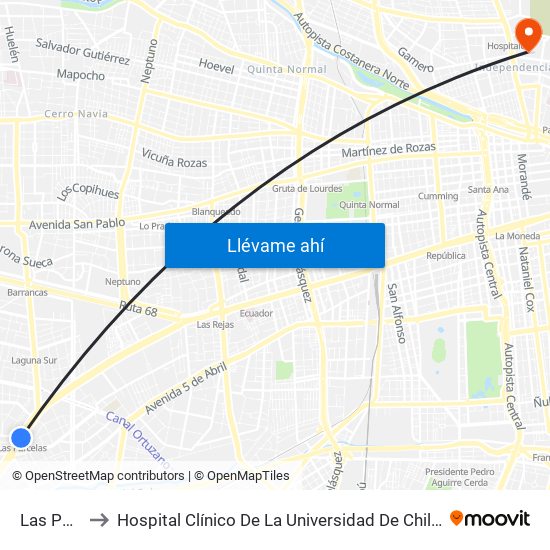 Las Parcelas to Hospital Clínico De La Universidad De Chile Dr. Jose Joaquín Aguirre map