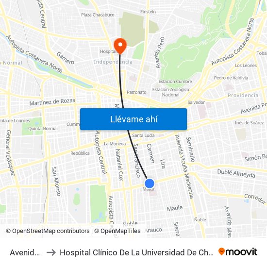 Avenida Matta to Hospital Clínico De La Universidad De Chile Dr. Jose Joaquín Aguirre map