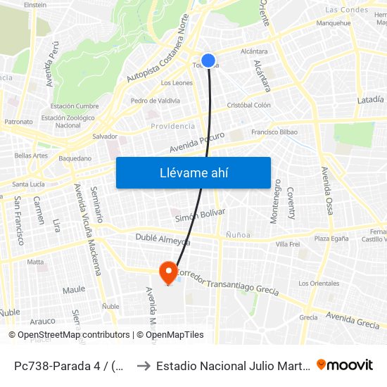 Pc738-Parada 4 / (M) Tobalaba to Estadio Nacional Julio Martínez Prádanos map