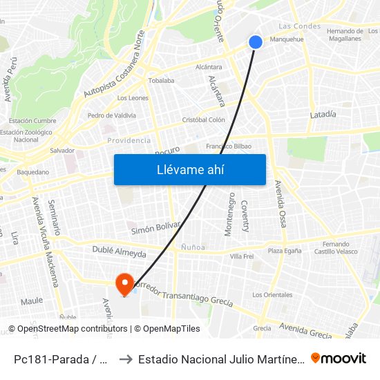 Pc181-Parada / Omnium to Estadio Nacional Julio Martínez Prádanos map