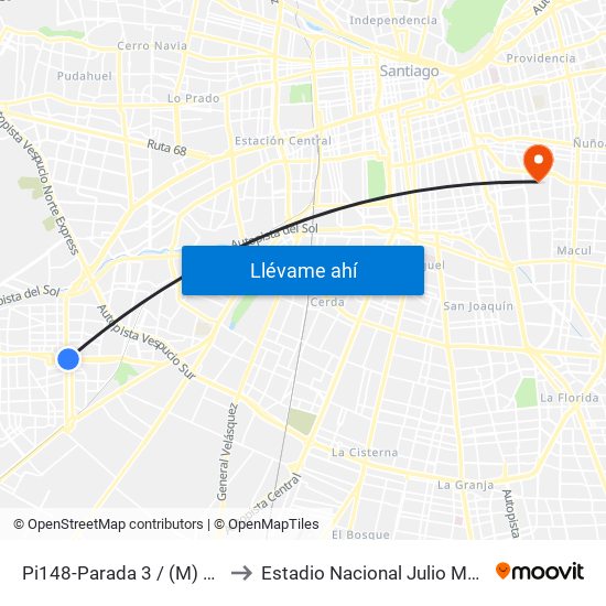 Pi148-Parada 3 / (M) Plaza De Maipú to Estadio Nacional Julio Martínez Prádanos map