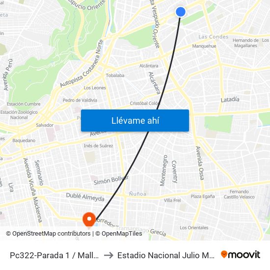 Pc322-Parada 1 / Mall Parque Arauco to Estadio Nacional Julio Martínez Prádanos map