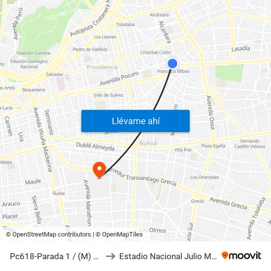 Pc618-Parada 1 / (M) Francisco Bilbao to Estadio Nacional Julio Martínez Prádanos map