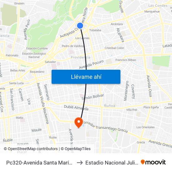 Pc320-Avenida Santa María / Esq. Puente Los Leones to Estadio Nacional Julio Martínez Prádanos map