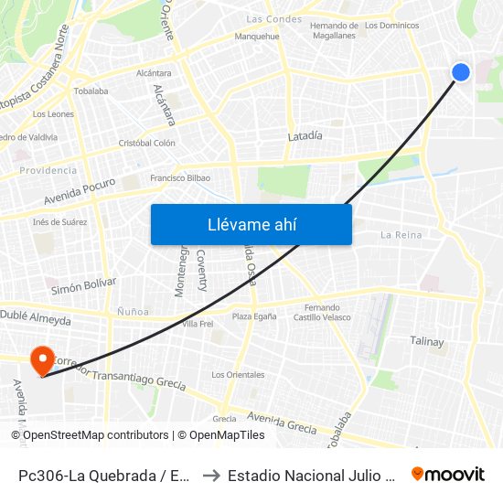 Pc306-La Quebrada / Esq. Avenida La Paz to Estadio Nacional Julio Martínez Prádanos map