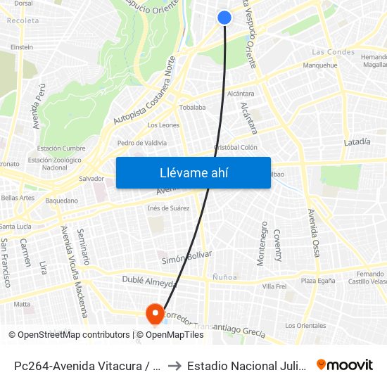 Pc264-Avenida Vitacura / Esq. Alonso De Córdova to Estadio Nacional Julio Martínez Prádanos map