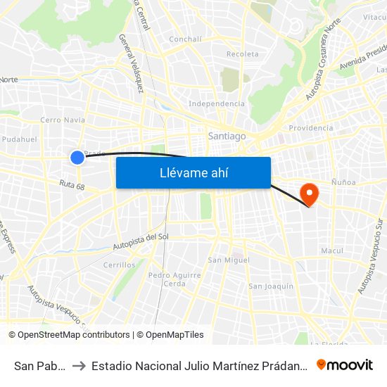 San Pablo to Estadio Nacional Julio Martínez Prádanos map