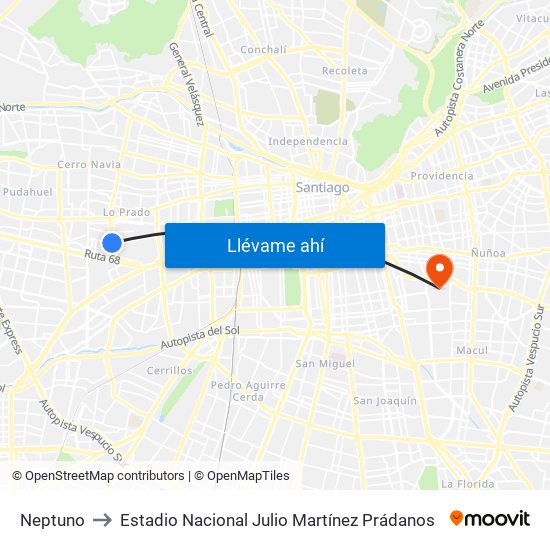 Neptuno to Estadio Nacional Julio Martínez Prádanos map