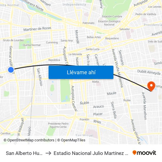San Alberto Hurtado to Estadio Nacional Julio Martínez Prádanos map