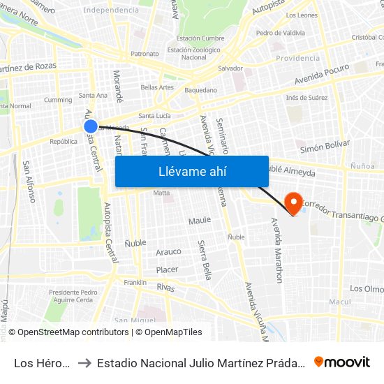 Los Héroes to Estadio Nacional Julio Martínez Prádanos map