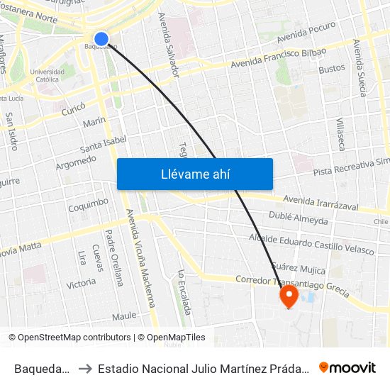 Baquedano to Estadio Nacional Julio Martínez Prádanos map