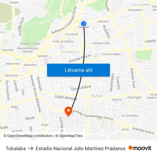 Tobalaba to Estadio Nacional Julio Martínez Prádanos map