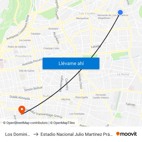 Los Dominicos to Estadio Nacional Julio Martínez Prádanos map