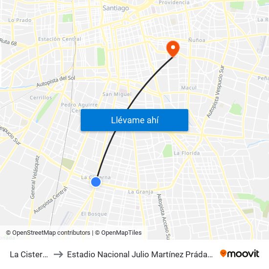 La Cisterna to Estadio Nacional Julio Martínez Prádanos map