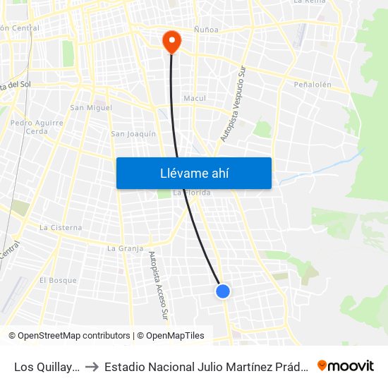 Los Quillayes to Estadio Nacional Julio Martínez Prádanos map