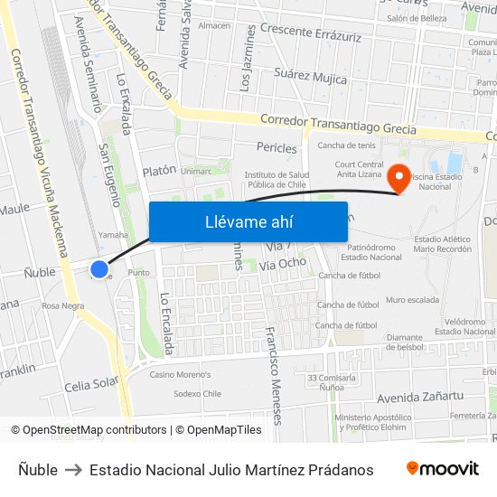 Ñuble to Estadio Nacional Julio Martínez Prádanos map