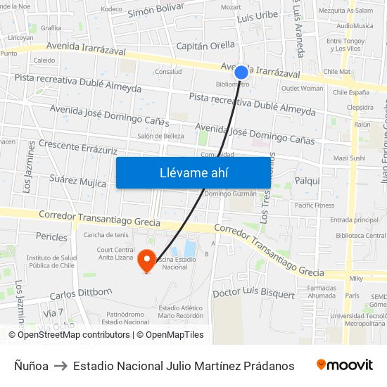 Ñuñoa to Estadio Nacional Julio Martínez Prádanos map