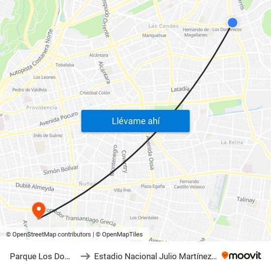 Parque Los Dominicos to Estadio Nacional Julio Martínez Prádanos map