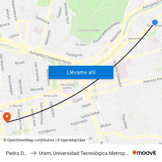 Pedro De Valdivia to Utem, Universidad Tecnológica Metropolitana. Escuela De Arquitectura map