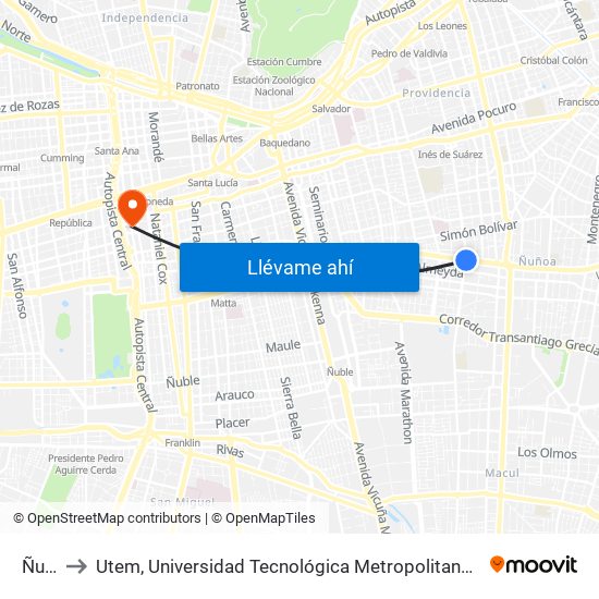 Ñuñoa to Utem, Universidad Tecnológica Metropolitana. Escuela De Arquitectura map