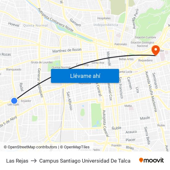 Las Rejas to Campus Santiago Universidad De Talca map